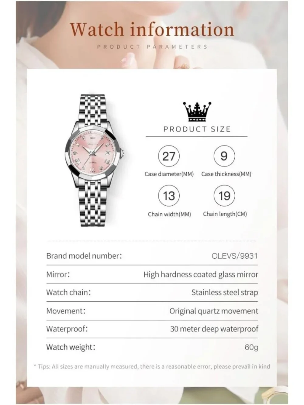 Women's Silver Pink Diamond Analog Stainless Steel Waterproof Date Wrist Watch